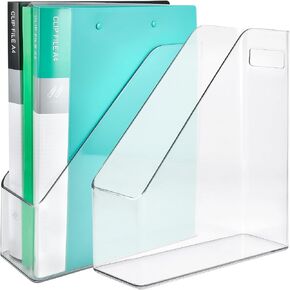 Akamino 2 Pack Acrylic Magazine File Holder,A4 Vertical File Organizer with Handle for Desk,Clear Document Rack File Folder Storage Bin for Home Office School