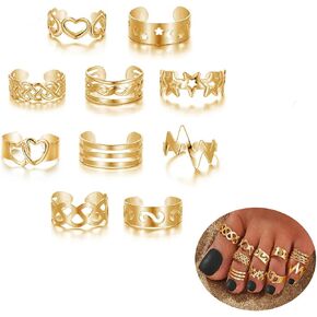 vdwv 10pc Moon Star Toe Rings Set Adjustable Band Rings Bulk Knuckle Rings for Girls Open Rings Star Finger Rings Heart-Shape Toe Ring Jewelry for Women