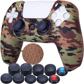 9CDeer 1 Piece of Silicone Transfer Print Protective Cover Skin + 10 Thumb Grips for Playstation 5 / PS5 Controller Brown Camouflage