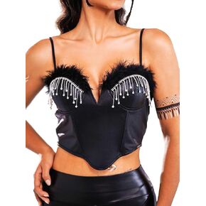 Eyret Women's Sexy Corset Black Rhinestones Tassel Corset Lace Up Boned Bustier Overbust Lingerie Corset Top