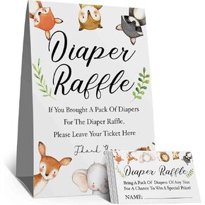 skuhyyg Woodland Diaper Raffle Tickets, Diaper Raffle Sign, Woodland Forest Animals Themed Baby Shower Game Kit，Watercolor Woodland Forest Animals Themed Insert Ticket(1 Sign+50 Cards)