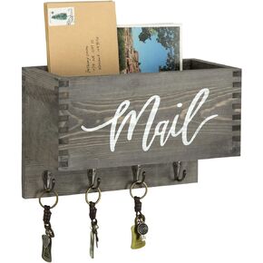 MyGift Wall Mounted Wood Key Rack and Mail Holder Organizer iin Vintage Gray Finish with Cursive Mail Design, Entryway Bills and Letter Sorter Storage Box with 4 Hooks