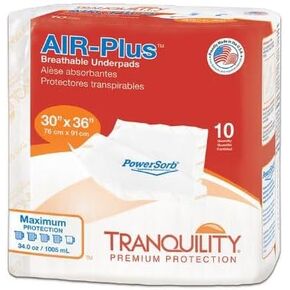 Tranquility AIR-Plus Breathable Disposable Underpads, 30" x 36", Pack of 10, White