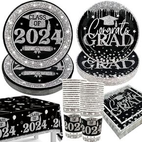 Zhynice 121PCS Graduation Party Plates and Napkins, Black and Silver Graduation Decorations Class of 2024 Grad Cups Tablecloth Disposable Dinnerware Set for Congrats Grad Party Supplies Serve 30