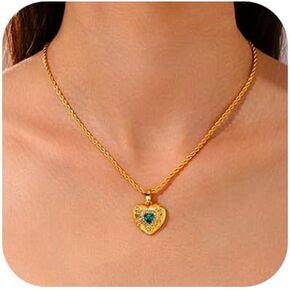 Gangel Heart Pendant Necklace Gold Necklace Chain Green Rhinestone Necklaces Dainty Vintage Necklace Prom Necklace Jewelry for Women and Girls