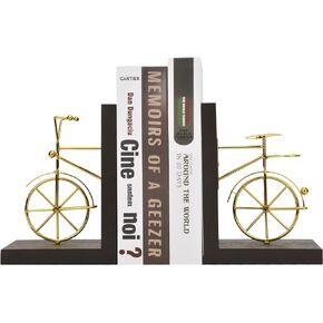 Spiretro Bicycle Bookend Supports, Decorative Book Stoppers with Non-Skid Bottom, Handcrafted Distressed Wood & Metal Book Stand, Display for Bookshelf Office Desktop, 1-Pair, Golden & Brown