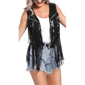 FEOYA Women Sequins Fringe Vest Glitter Sparkly Sleeveless Jacket 70s Open Front Tassel Vest