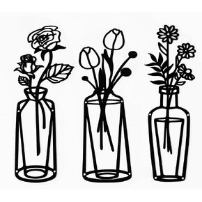 qzmaikoo 3 Pieces Black Metal Flowers Wall Decor Metal Vase Wall Art Metal Wall Sculptures Hanging for Indoor Kitchen Bathroom 14.57x5.31 inches