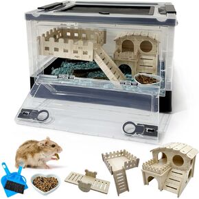 Niwaes Foldable Dwarf Hamster Cages Kits 6 Pack Portable Rat Cage with Wheels -360° Viewing Transparent Plastic Habitat and Mice Castle House, Platform, Food Bowl for Mouse Black 15.5X 11.6 x 9.4in