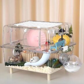 Ruexue 2-Floor Hamster and Guinea Pig Cage، قفص فئران فاخر، موئل للحيوانات الصغيرة من الأكريليك الشفاف مع شريحة (أكريليك شفاف: 17 بوصة × 14 بوصة × 12 بوصة)