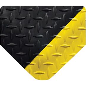Wearwell Diamond-Plate Select UltraSoft Mat - Black/Yellow. Anti-Fatigue Workstation Mat. 3' W x 5' L x 15/16" Thickness. PVC Vinyl Surface with PVC Sponge. For Dry Industrial Use (495.1516x3x5BYL)