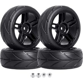 Pre-Glued 12mm Hex 1/10 RC Touring Car Wheels & Tires 26mm Width for Traxxas 4-Tec 2.0 Tamiya TT02 TT01 1/18 Latrax Teton SST Kyosho Fazer MK2 HPI, 4pcs