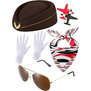 Bencailor 6 Pcs Women's Flight Attendant Costume Accessories Stewardess Outfits Flight Attendant Hat Sunglasses Scarf Gloves