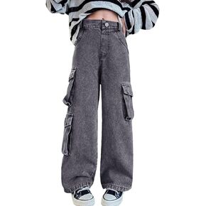 Bolknokin Girls Baggy Cargo Jeans Y2K Kids Wide Leg Hip Hop Loose Casual Trousers Size 6-14 Years