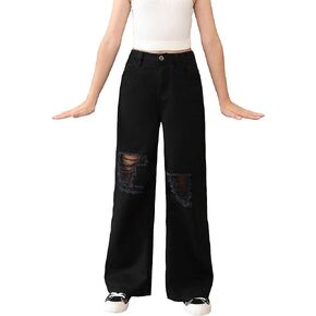 Floerns Girl's Distressed Jeans Cut Out Ripped Zip Up Wide Leg Denim Pants