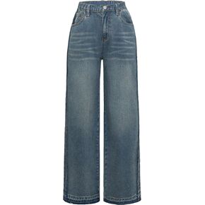 Verdusa Girl's Elastic Waist Casual Jeans Raw Hem Wide Leg Denim Pants Trousers
