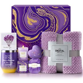 ANLEMIN Birthday Gifts for Women, Mothers Day Gifts for Mom, Wife, Relaxation Self Care Mothers Day Gift Basket Set with Luxurious Flannel Blanket, Get Well Gifts for Women, Gifts for Her