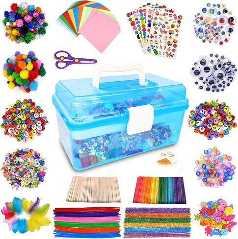 Irichna 1000+ Pcs Art and Craft Supplies for Kids, Toddler DIY Craft Art Supply Set Included Pom Poms, Pipe Cleaners, Feather, Folding Storage Box - All in One for DIY Craft Set (Purple) in Kuwait