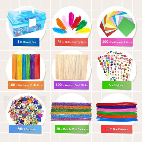 Irichna 1000+ Pcs Art and Craft Supplies for Kids, Toddler DIY Craft Art Supply Set Included Pom Poms, Pipe Cleaners, Feather, Folding Storage Box - All in One for DIY Craft Set (Purple) in Kuwait