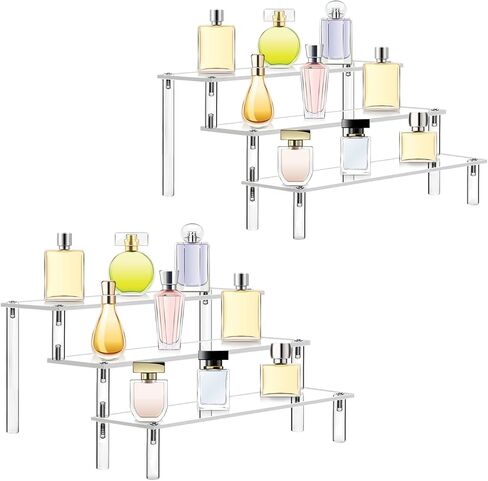 primestok 2 Packs Acrylic Display Risers, 3 Tier Perfume Stand Organizer, Clear Acrylic Shelf Risers Display Stands for Food, Tabletop Use, Toy Figure in Saudi Arabia