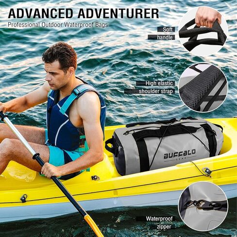 حقيبة مغامرات بافلو جير 50 ​​لتر - حقيبة متينة مقاومة للماء لركوب القوارب والدراجات النارية والصيد والتخييم وقوارب الكاياك أو جت سكي. الحصول على العتاد في أي ظروف (رمادي) in Kuwait