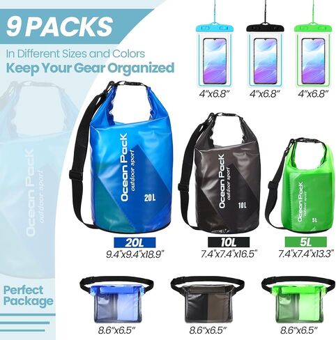 Tiangrid 9 Set Waterproof Dry Bag 5L/10L/20L Roll Top Waterproof Backpack Sack Keeps Gear Dry for Kayaking, Beach, Rafting, Boating, Hiking, Camping with Waterproof Phone Case and Waterproof Pouch in Saudi Arabia