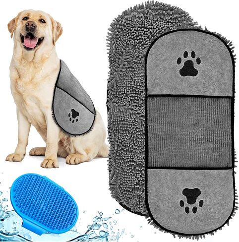 HomETCH 2 Pcs Dog Towels for Drying Dogs, Dog Bath Towel Microfiber Chenille, with Silicone Pet Brush Pet Towel, Pet Towels for Dogs, Microfiber Towel Pet, Microfiber Dog Towels in Saudi Arabia