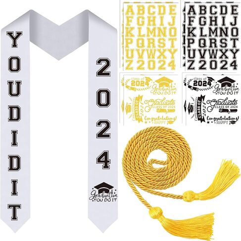 JULBEAR Graduation Stole Class of 2024, Graduation Cord DIY White Graduation Stole Gold Honor Cord Unisex Adult Graduation Sash with 8 Sheets Iron on Letters Patterns Number Patches (White) in Saudi Arabia
