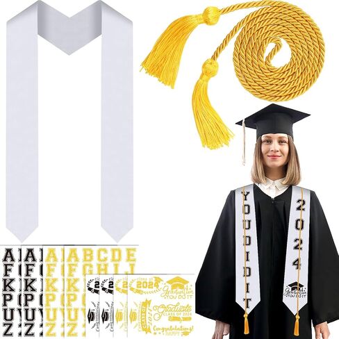 JULBEAR Graduation Stole Class of 2024, Graduation Cord DIY White Graduation Stole Gold Honor Cord Unisex Adult Graduation Sash with 8 Sheets Iron on Letters Patterns Number Patches (White) in Saudi Arabia