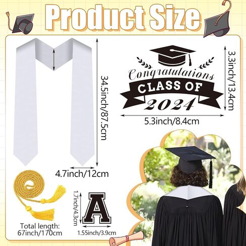 JULBEAR Graduation Stole Class of 2024, Graduation Cord DIY White Graduation Stole Gold Honor Cord Unisex Adult Graduation Sash with 8 Sheets Iron on Letters Patterns Number Patches (White) in Saudi Arabia