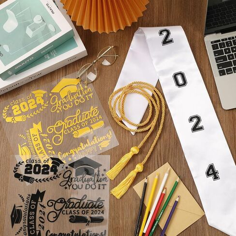 JULBEAR Graduation Stole Class of 2024, Graduation Cord DIY White Graduation Stole Gold Honor Cord Unisex Adult Graduation Sash with 8 Sheets Iron on Letters Patterns Number Patches (White) in Saudi Arabia