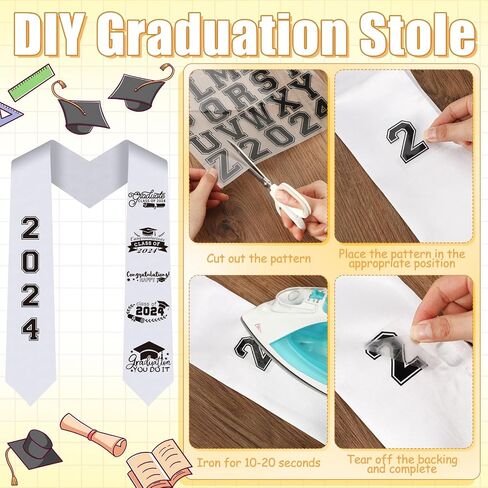 JULBEAR Graduation Stole Class of 2024, Graduation Cord DIY White Graduation Stole Gold Honor Cord Unisex Adult Graduation Sash with 8 Sheets Iron on Letters Patterns Number Patches (White) in Saudi Arabia