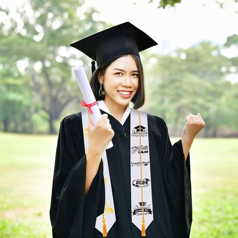 JULBEAR Graduation Stole Class of 2024, Graduation Cord DIY White Graduation Stole Gold Honor Cord Unisex Adult Graduation Sash with 8 Sheets Iron on Letters Patterns Number Patches (White) in Saudi Arabia