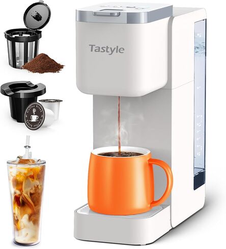 Tastyle Iced Coffee Maker, Single Serve Coffee Machine for K Cup & Ground Coffee, with Removable 40 oz. Water Reservoir, One Cup Coffee Brewer for Home, Office, RV and Dorm, White in Saudi Arabia