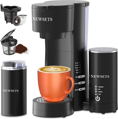 NEWSETS Single Serve Coffee Maker for K Cups and Ground Coffee, 4 in 1 Coffee Machine with Grinder and Milk Frother, 6 to 14oz Brew Sizes, 28oz Removable Water Reservoir, Self-cleaning Function, Black in Saudi Arabia
