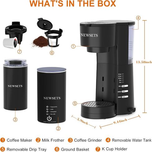 NEWSETS Single Serve Coffee Maker for K Cups and Ground Coffee, 4 in 1 Coffee Machine with Grinder and Milk Frother, 6 to 14oz Brew Sizes, 28oz Removable Water Reservoir, Self-cleaning Function, Black in Saudi Arabia