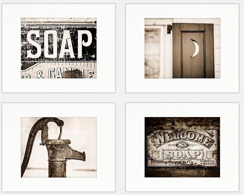 Lisa Russo Fine Art - Sepia Bathroom Wall Art or Laundry Room Decor, Set of 4 SMALL 5x7" Prints, Unframed, Vintage Look Bathroom Pictures, Soap Signs, Pitcher Pump, Outhouse Moon, Brown in Saudi Arabia