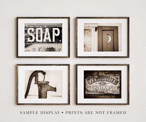 Lisa Russo Fine Art - Sepia Bathroom Wall Art or Laundry Room Decor, Set of 4 SMALL 5x7" Prints, Unframed, Vintage Look Bathroom Pictures, Soap Signs, Pitcher Pump, Outhouse Moon, Brown in Saudi Arabia
