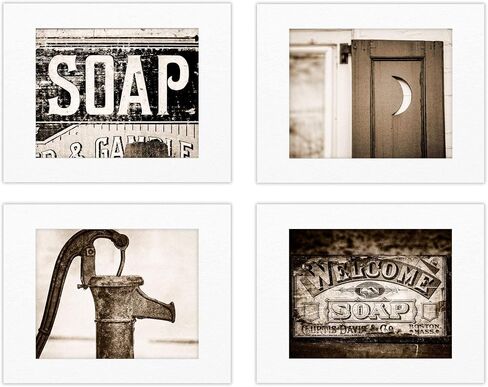 Lisa Russo Fine Art - Sepia Bathroom Wall Art or Laundry Room Decor, Set of 4 SMALL 5x7" Prints, Unframed, Vintage Look Bathroom Pictures, Soap Signs, Pitcher Pump, Outhouse Moon, Brown in Saudi Arabia