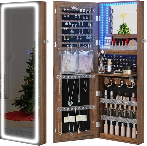 FOMNEY Jewelry Cabinet with Mirror, Wall/Door Mounte Jewelry Armoire with 3 Color Lights, Full Length Mirror with Storage, LED Jewelry Organizer with Mirror Touch Lights,Jewelry Box (Light Wood) in Saudi Arabia