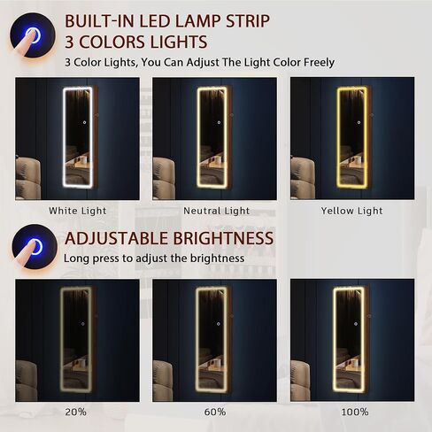 FOMNEY Jewelry Cabinet with Mirror, Wall/Door Mounte Jewelry Armoire with 3 Color Lights, Full Length Mirror with Storage, LED Jewelry Organizer with Mirror Touch Lights,Jewelry Box (Light Wood) in Saudi Arabia