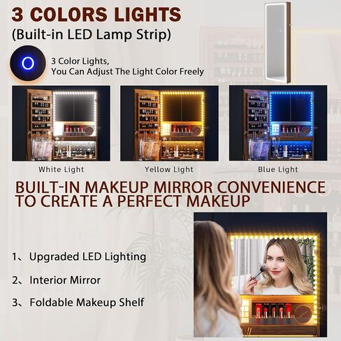 FOMNEY Jewelry Cabinet with Mirror, Wall/Door Mounte Jewelry Armoire with 3 Color Lights, Full Length Mirror with Storage, LED Jewelry Organizer with Mirror Touch Lights,Jewelry Box (Light Wood) in Saudi Arabia
