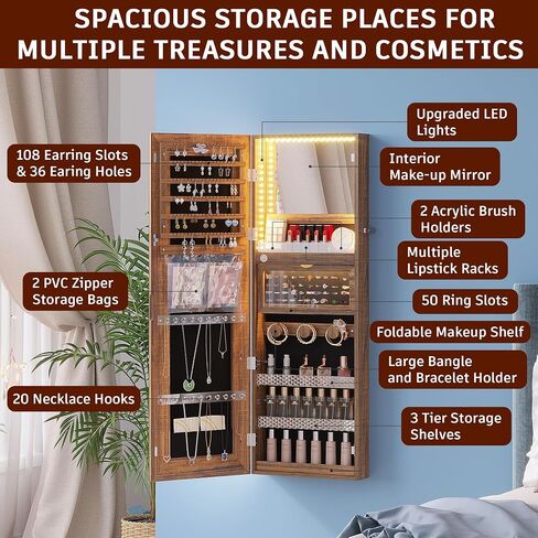 FOMNEY Jewelry Cabinet with Mirror, Wall/Door Mounte Jewelry Armoire with 3 Color Lights, Full Length Mirror with Storage, LED Jewelry Organizer with Mirror Touch Lights,Jewelry Box (Light Wood) in Saudi Arabia