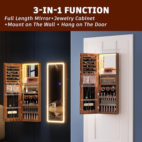 FOMNEY Jewelry Cabinet with Mirror, Wall/Door Mounte Jewelry Armoire with 3 Color Lights, Full Length Mirror with Storage, LED Jewelry Organizer with Mirror Touch Lights,Jewelry Box (Light Wood) in Saudi Arabia