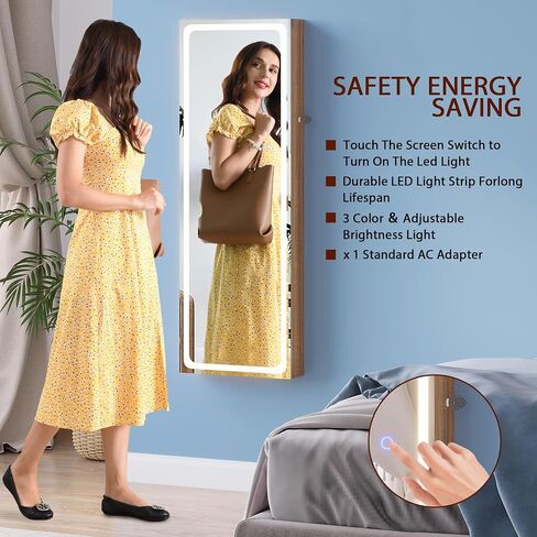FOMNEY Jewelry Cabinet with Mirror, Wall/Door Mounte Jewelry Armoire with 3 Color Lights, Full Length Mirror with Storage, LED Jewelry Organizer with Mirror Touch Lights,Jewelry Box (Light Wood) in Saudi Arabia