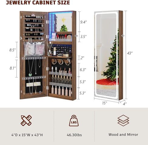FOMNEY Jewelry Cabinet with Mirror, Wall/Door Mounte Jewelry Armoire with 3 Color Lights, Full Length Mirror with Storage, LED Jewelry Organizer with Mirror Touch Lights,Jewelry Box (Light Wood) in Saudi Arabia