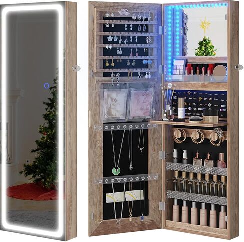 FOMNEY Jewelry Cabinet with Mirror, Wall/Door Mounte Jewelry Armoire with 3 Color Lights, Full Length Mirror with Storage, LED Jewelry Organizer with Mirror Touch Lights,Jewelry Box (Light Wood) in Saudi Arabia