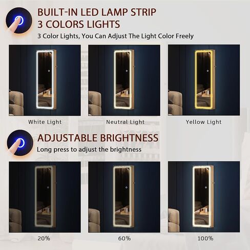 FOMNEY Jewelry Cabinet with Mirror, Wall/Door Mounte Jewelry Armoire with 3 Color Lights, Full Length Mirror with Storage, LED Jewelry Organizer with Mirror Touch Lights,Jewelry Box (Light Wood) in Saudi Arabia