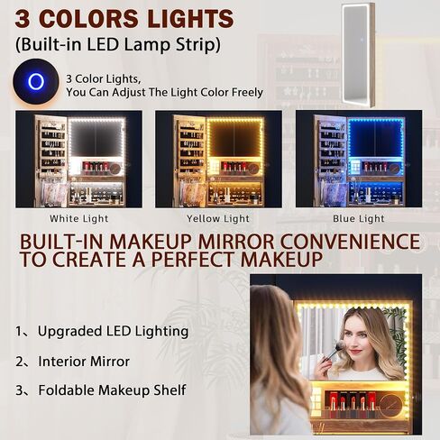 FOMNEY Jewelry Cabinet with Mirror, Wall/Door Mounte Jewelry Armoire with 3 Color Lights, Full Length Mirror with Storage, LED Jewelry Organizer with Mirror Touch Lights,Jewelry Box (Light Wood) in Saudi Arabia