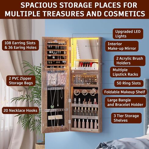 FOMNEY Jewelry Cabinet with Mirror, Wall/Door Mounte Jewelry Armoire with 3 Color Lights, Full Length Mirror with Storage, LED Jewelry Organizer with Mirror Touch Lights,Jewelry Box (Light Wood) in Saudi Arabia